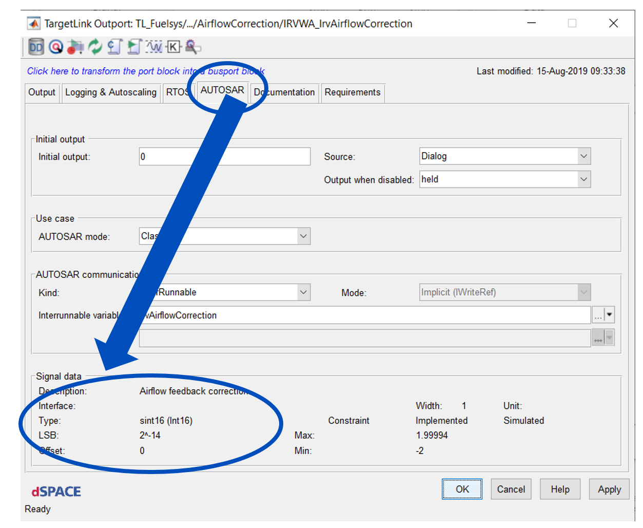 This figure describes the AUTOSAR block settings.