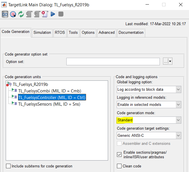This figure describes TargetLink main dialog window code generation mode set to Standard.