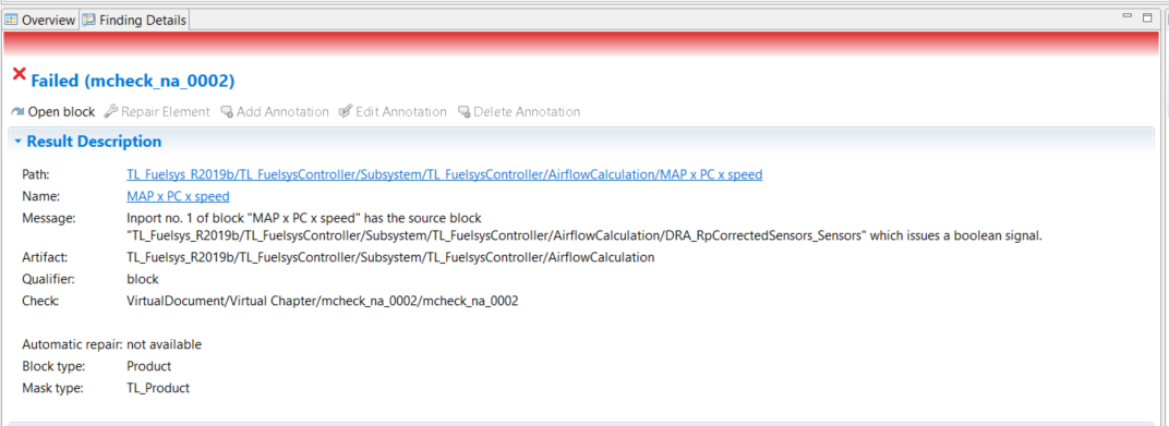 This figure describes the MXAM Guideline na_0002 check result when TargetLink main dialog window code generation mode is set to Standard.