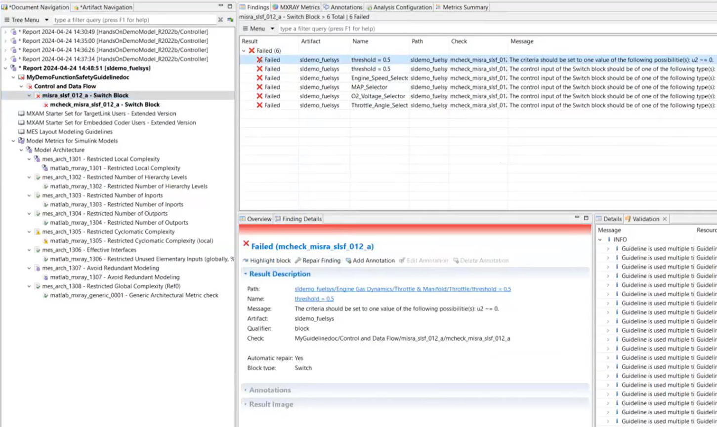 Figure 5. MXAM modeling guidelines analysis report